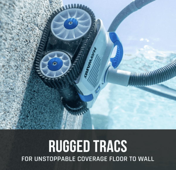 A pool cleaner with the words Hayward W3HSCTRACCU TracVac Suction Pool Cleaner for In-ground Pools up to 40 ft in Length – Automatic Pool Vacuum – Climbs Walls - Overcomes Pool Floor Obstacles,Blue tracks for unbreakable coverage floor wall.